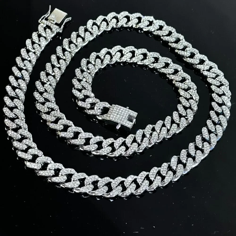 Cuban Link Miami Bling Glittery Silver Unisex necklace Men Women NWT 28